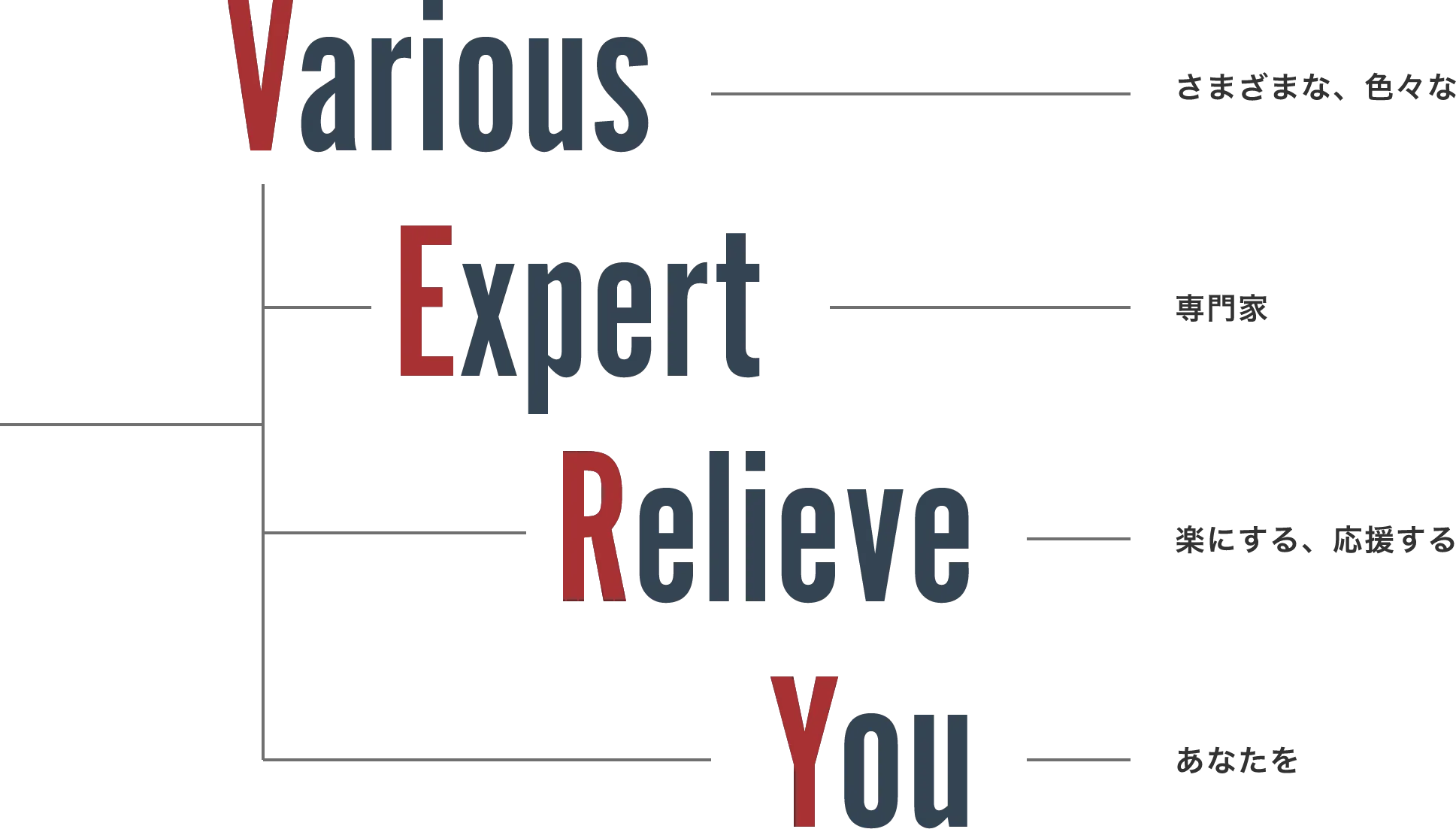 
                                        Various さまざまな、色々な｜
                                        Expert 専門家｜
                                        Relieve 楽にする、応援する｜
                                        You あなたを